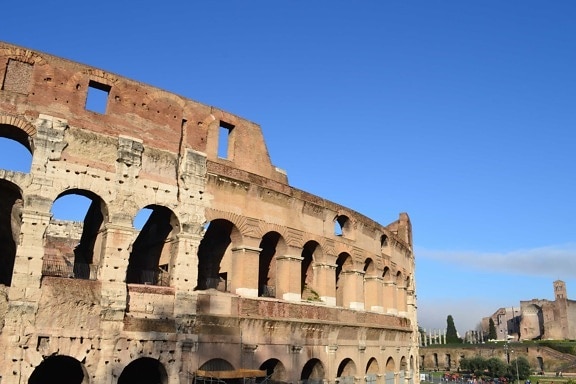 Colosseum, ancient, Rome, Italy, medieval, architecture, amphitheater, blue sky