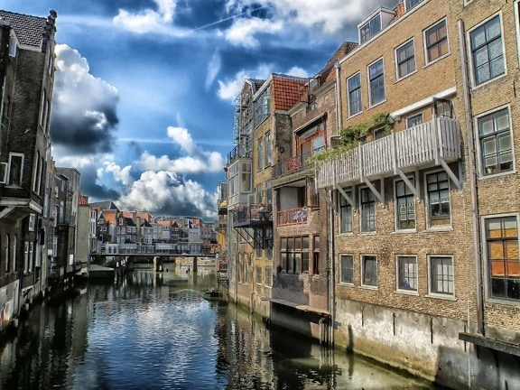 arkitektur, canal, blå himmel, downtown, vand, by, gade, havnefronten