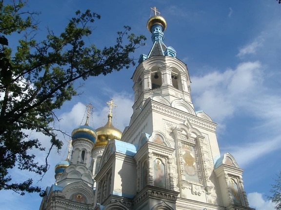 kyrkan, religion, arkitektur, katedralen, kupol, ortodoxa, blå himmel, cross