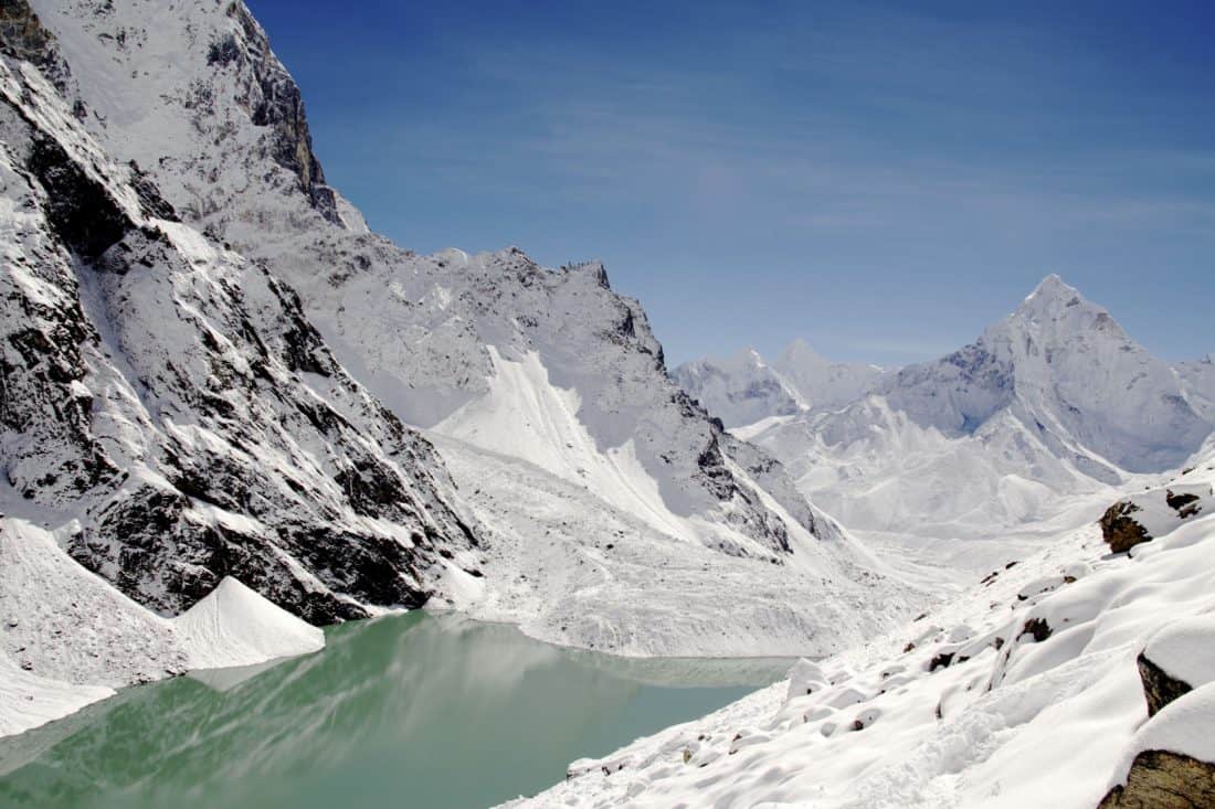 snow, mountain, ice, glacier, ascent, lake, altitude, landscape, sky, winter