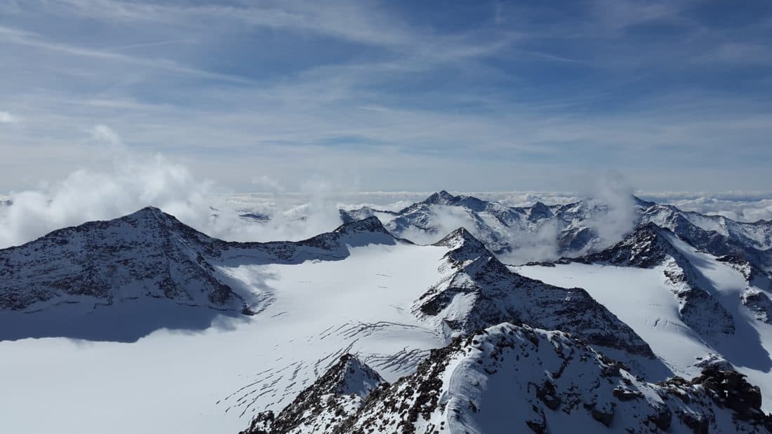 Panorama, neve, inverno, céu azul, cume, altitude, montanha, geleira, paisagem