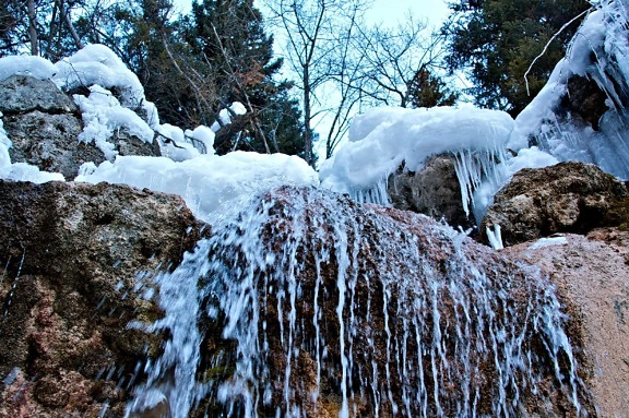 waterfall, stone, snow, winter, cold, nature, frost, ice, wood, landscape