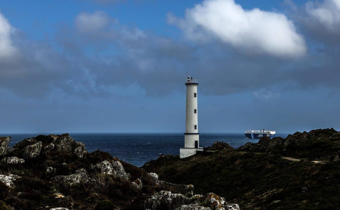 lighthouse, sea, blue sky, cloud, seashore, water, ocean, beach, sky