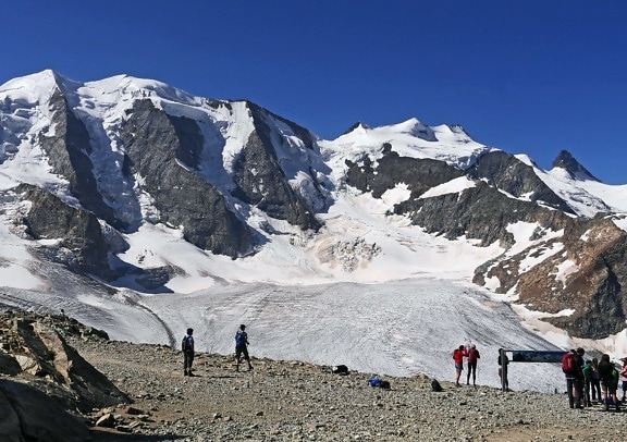 snow, mountain, climb, ice, people, glacier, landscape, blue sky