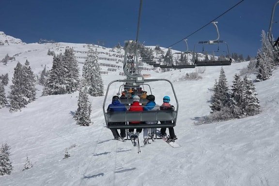 śnieg, zima, zimno, Góra, narciarz, ludzie, wyciąg krzesełkowy, sport