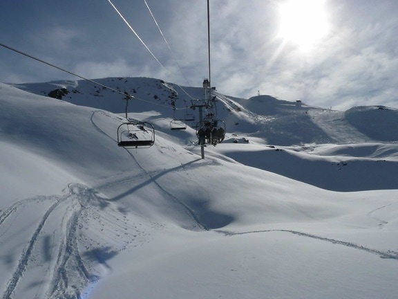 salju, sinar matahari, musim dingin, dingin, gunung, es, pemain Ski, chairlift