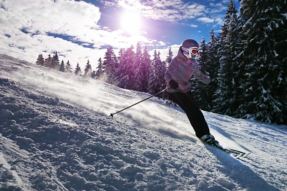 snow, winter, downhill, skiing, sunshine, cold, skier, mountain, sport, outdoor