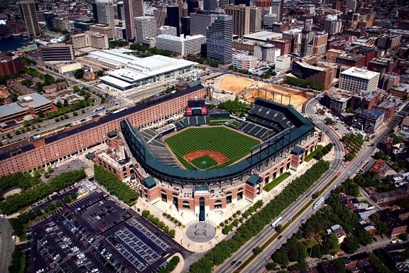 city, baseball stadium, urban, landmark, downtown, structure