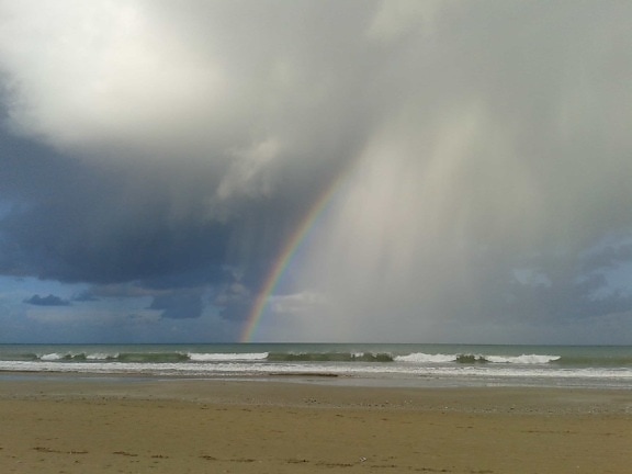 water, beach, cloud, rainbow, landscape, sand, blue sky