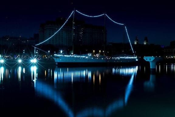 мост, город, набережная, тень, отражение, вода, архитектуры, ночь