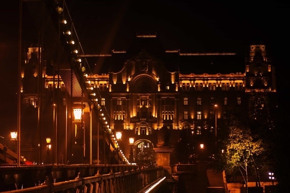 Most, město, budova, tmavé, architektura, struktura, řeka v noci