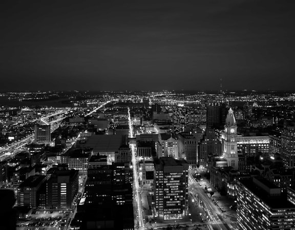city, cityscape, night, monochrome, darkness, architecture, panoramic, urban, aerial