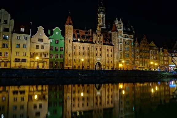 Архітектура міста ніч, фасад, річка, Палац, будівля центру