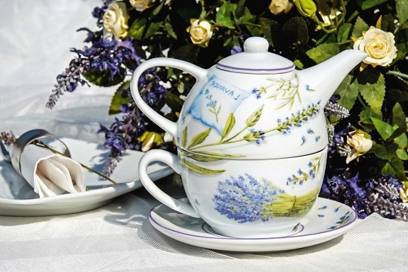 tea, drink, cup, teapot, pot, ceramic, flower, saucer