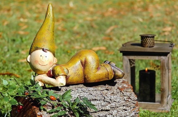 toy, doll, statue, bark, wood, grass, garden, decoration