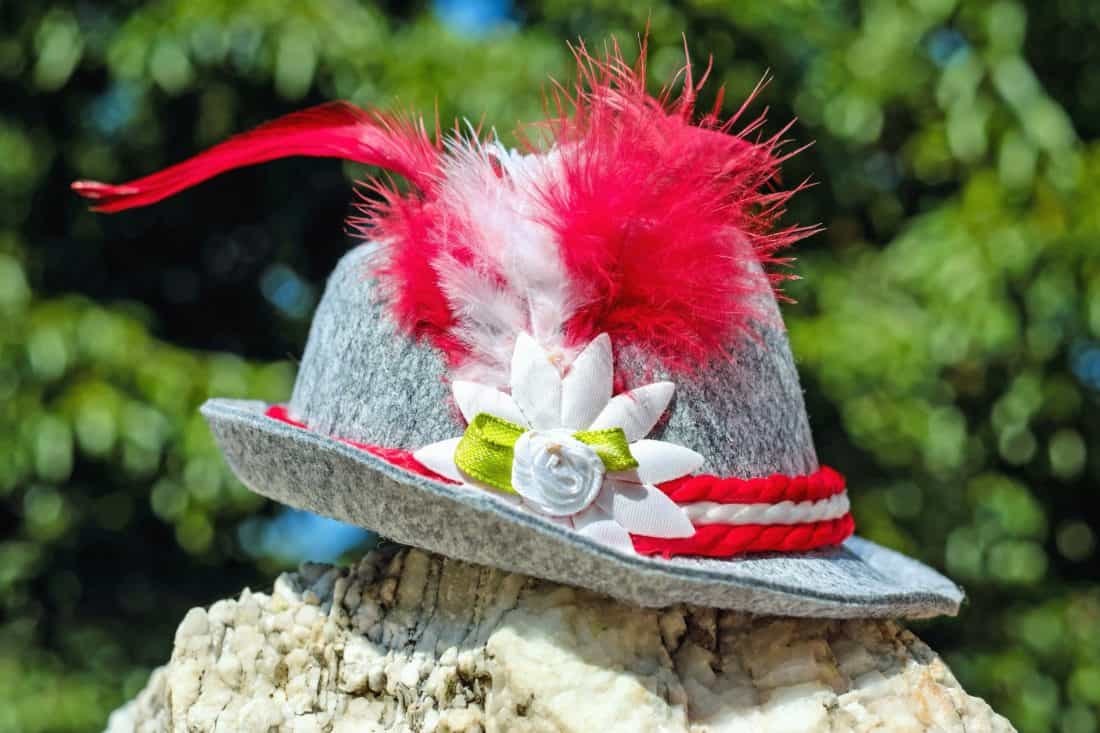 sombrero, pluma, decoración, moda, piedra