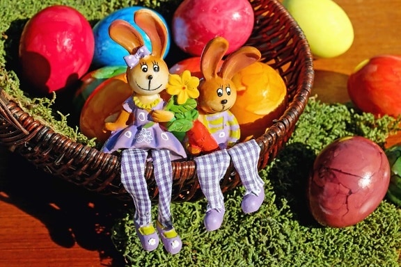 egg, Easter, rabbit, colorful, wicker basket, grass