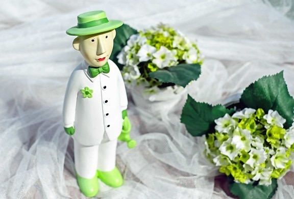 bloem, pop, hoed. decoratie, bloemblaadje, bruiloft, blad