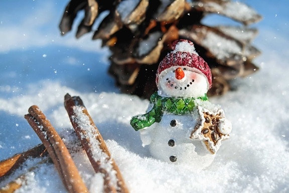 雪人, 雪, 图, 帽子, 木头, 寒冷, 雪花