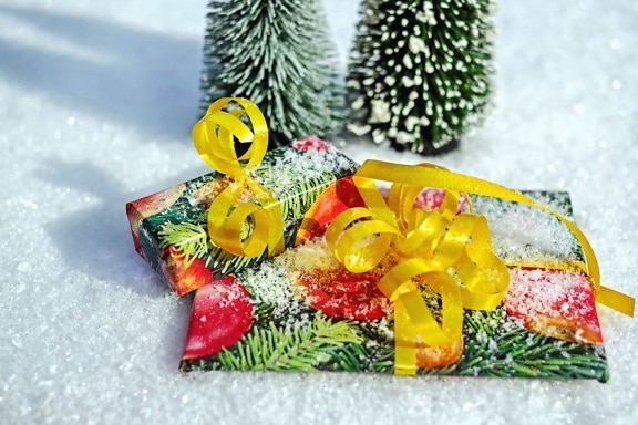 gåva, tejp, nyår, jul, snö, snöflinga, dekoration