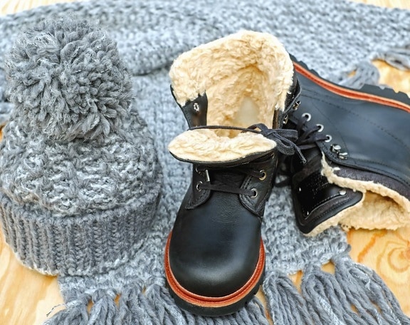 帽子、スカーフ、靴、ウール、革、靴、冬
