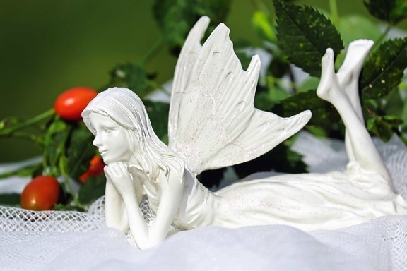 Figura, anjo, menina, planta, folha, decoração, arte