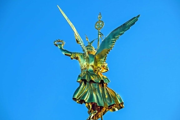 golden angel, blue sky, statue, monument, gold, wings, art