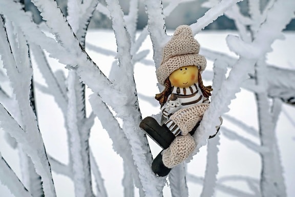 cold, winter, snow, frost, toy, doll, tree, branch, figure