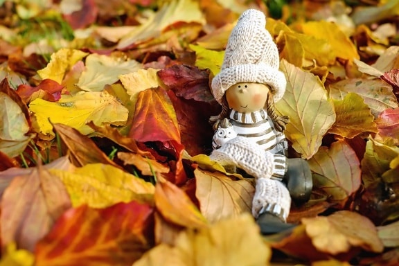 doll, toy, autumn, leaf, hat, object, forest