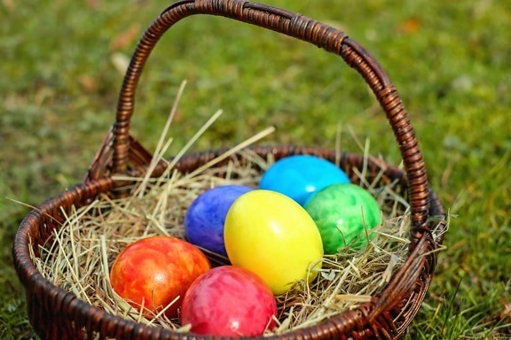 篮子, 鸡蛋, 食物, 五颜六色, 颜色, 草, 巢, 复活节