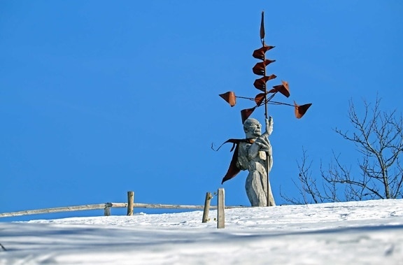 winter, cold, snow, tree, sky, outdoor, statue, metal, construction, fence