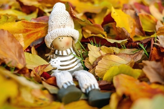 boneca, brinquedo, outono, folhas, outono, decoração, chapéu, grama, natureza