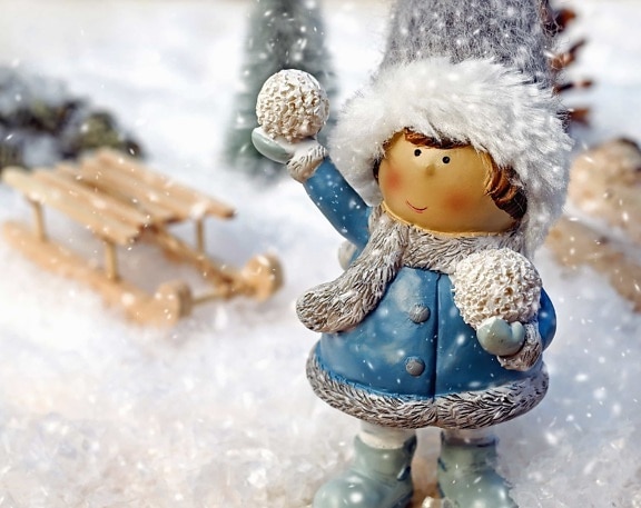 snowflake, winter, doll, toy, hat, cold, scarf, jacket, girl