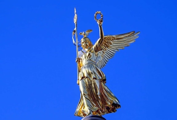sculpture, sky, gold, angel, blue sky, object