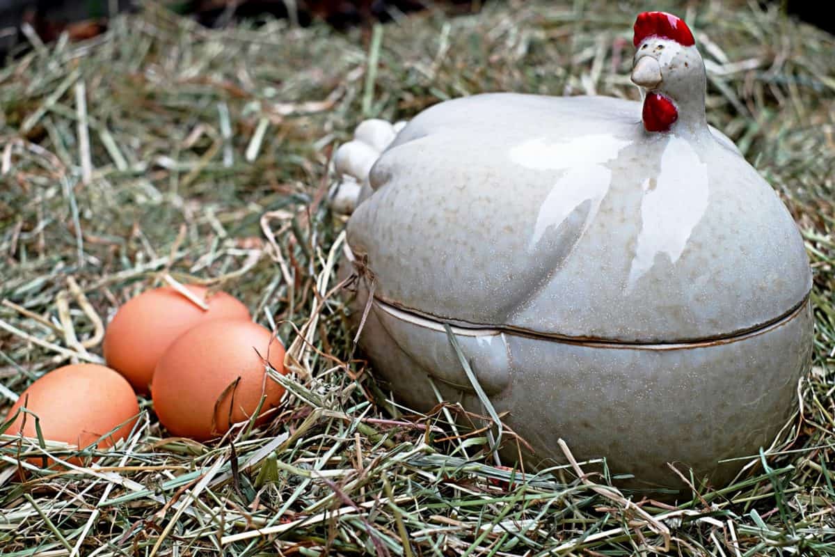 Pascua, decoración, porcelana, huevo, hierba, heno, nido, figura, pollo