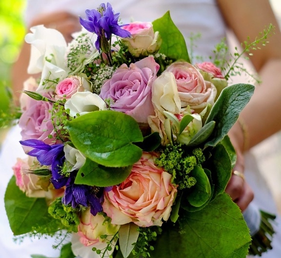 bouquet, arrangement, bride, marriage, rose, leaf, flower