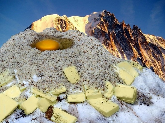 food, cheese, sugar, illustration, photomontage, mountain, sky, cloud