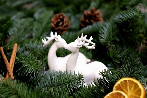 toy, porcelain, pine, fir, mandarin, deer, figure, decoration