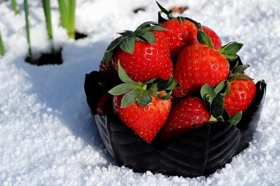 Schnee, Winter, Essen, Obst, Erdbeere, süß, dessert