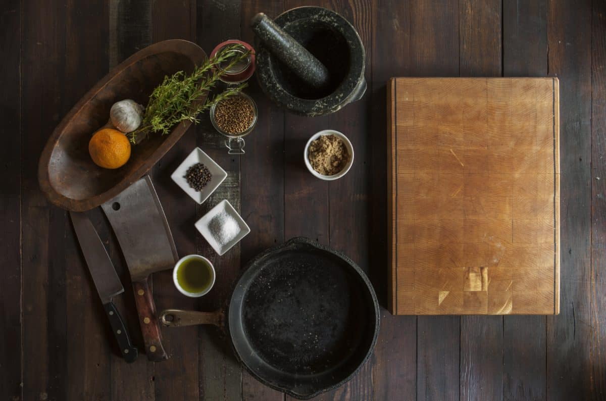 kuchyňský stůl, koření, dřevo, vnitřní