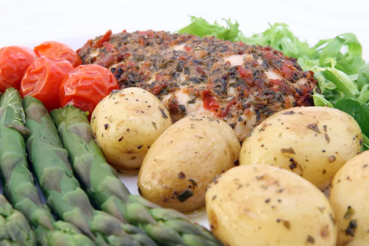 nutrition, asparagus, food, potato, meat, tomato, vegetable, restaurant