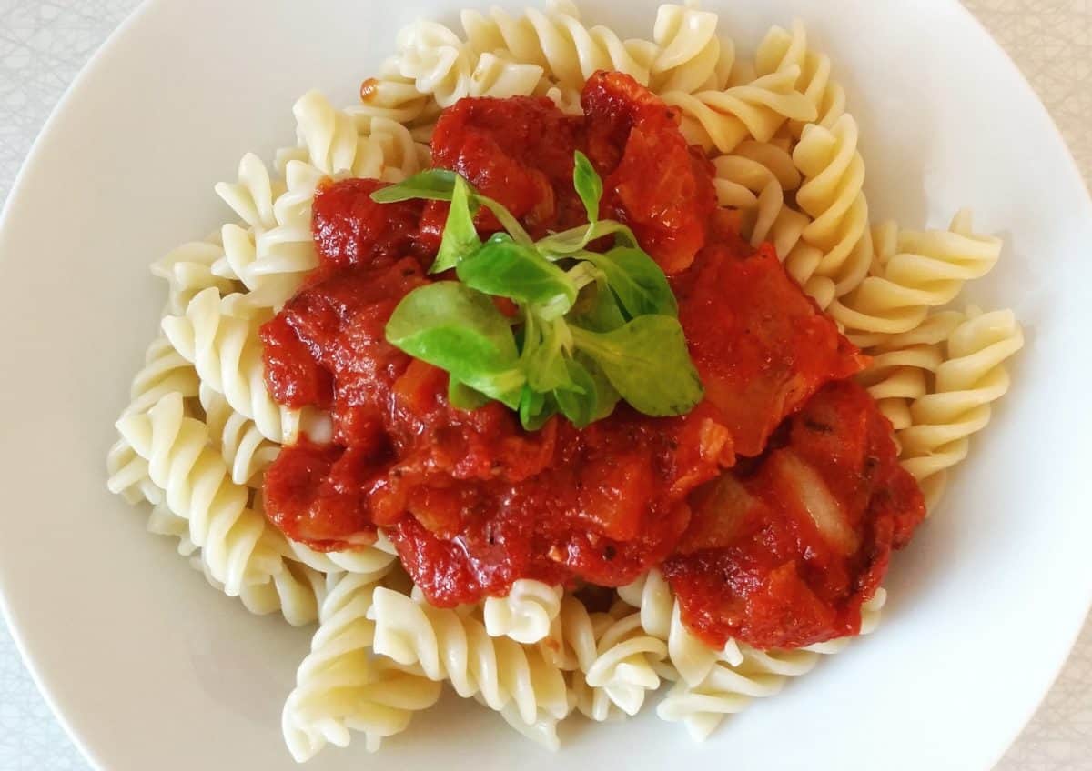 frokost, måltid, tomat, sauce, basilikum, mad, spaghetti, middag