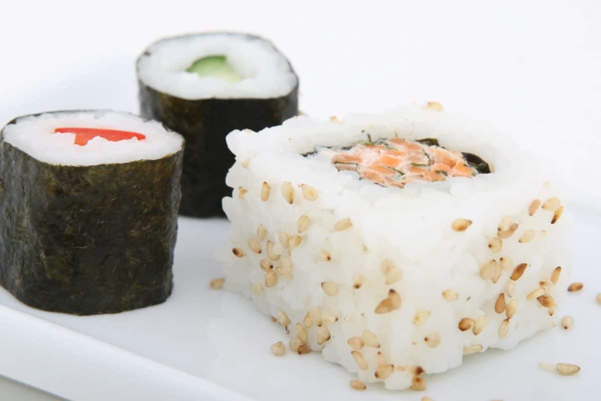 frutos do mar, dieta, refeição, comida, peixes, sushi, arroz, prato, interior