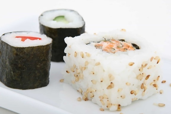 tenger gyümölcsei, diéta, étkezés, élelmiszer, hal, sushi, rizs, étel, beltéri