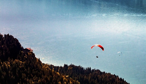paracaídas, lago, montaña, deporte extremo, reflexión
