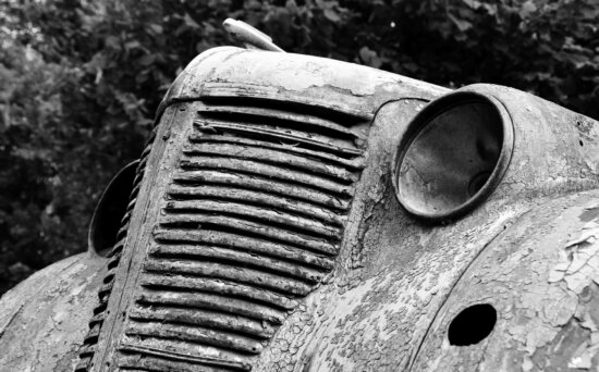 rust, old, monochrome, junkyard, mechanism, outdoor, tree, retro, car