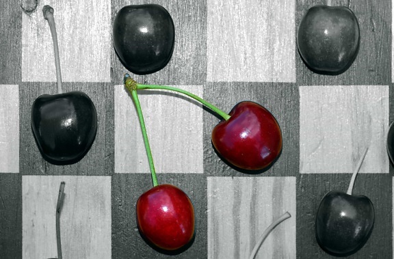 photomontage, monochrome, sweet, cherry, vitamin, chess board, decoration, fruit