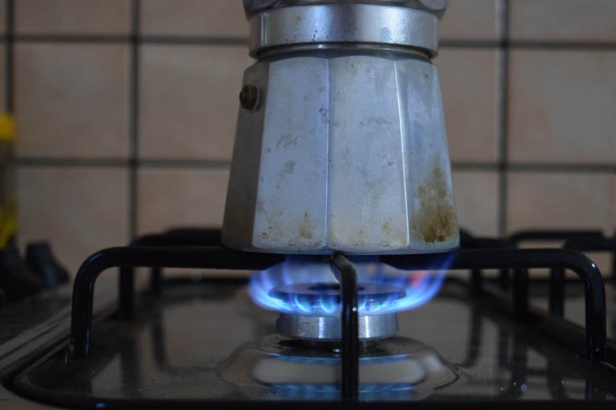 пот, coffeepot, вътрешен, стомана газ, пламък
