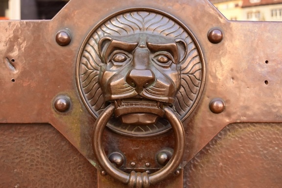 stål, huvud, lion, ring, retro, järn, metalliskt, gamla, antika, trä