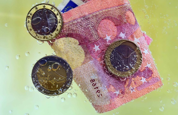 valuta, pengar, papper, undervattens, metall mynt